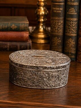 Vintage Filigree Silver Plated Oval Trinket